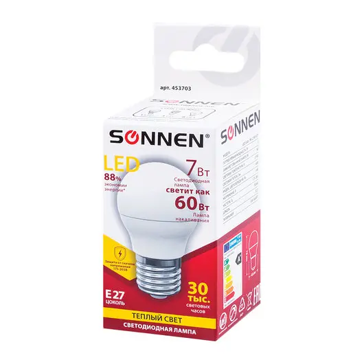Лампа светодиодная SONNEN, 7 (60) Вт, цоколь E27, шар, теплый белый свет, LED G45-7W-2700-E27, 453703, фото 2