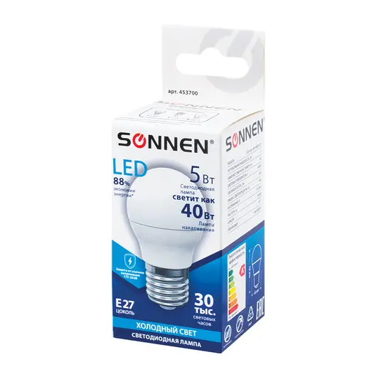 Лампа светодиодная SONNEN, 5 (40) Вт, цоколь E27, шар, холодный белый свет, LED G45-5W-4000-E27, 453700, фото 4