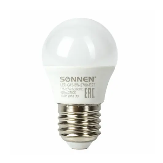 Лампа светодиодная SONNEN, 5 (40) Вт, цоколь E27, шар, теплый белый свет, LED G45-5W-2700-E27, 453699, фото 2