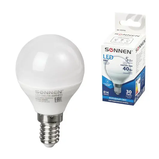 Лампа светодиодная SONNEN, 5 (40) Вт, цоколь E14, шар, холодный белый свет, LED G45-5W-4000-E14, 453702, фото 1