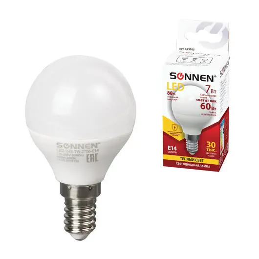 Лампа светодиодная SONNEN, 7 (60) Вт, цоколь Е14, шар, теплый белый свет, LED G45-7W-2700-E14, 453705, фото 1