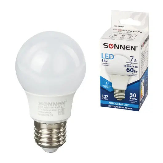Лампа светодиодная SONNEN, 7 (60) Вт, цоколь Е27, грушевидная, холодный белый свет, LED A55-7W-4000-E27, 453694, фото 1