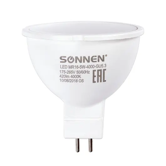 Лампа светодиодная SONNEN, 5 (40) Вт, цоколь GU5.3, холодный белый свет, LED MR16-5W-4000-GU5.3, 453714, фото 2