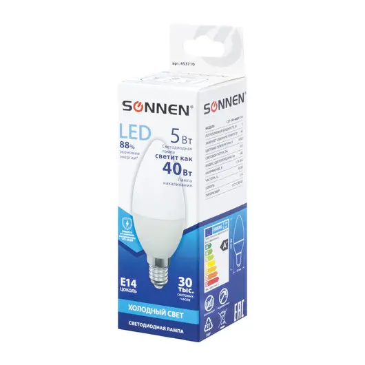 Лампа светодиодная SONNEN, 5 (40) Вт, цоколь Е14, свеча, холодный белый свет, LED C37-5W-4000-E14, 453710, фото 2