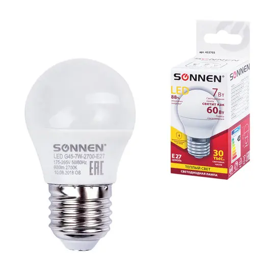 Лампа светодиодная SONNEN, 7 (60) Вт, цоколь E27, шар, теплый белый свет, LED G45-7W-2700-E27, 453703, фото 1