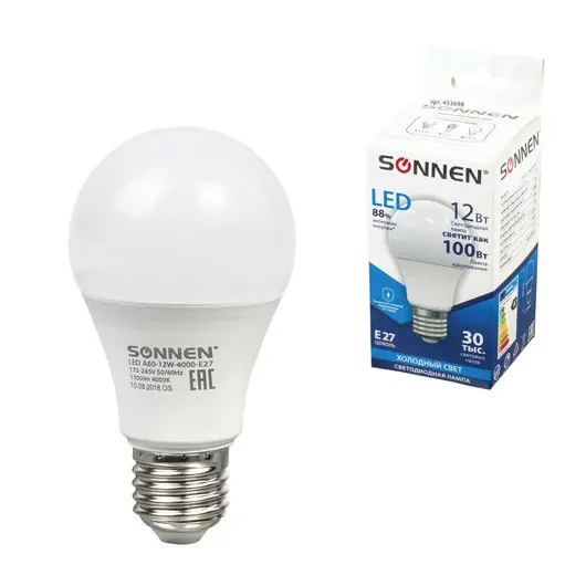 Лампа светодиодная SONNEN, 12 (100) Вт, цоколь Е27, грушевидная, холодный белый свет, LED A60-12W-4000-E27, 453698, фото 1