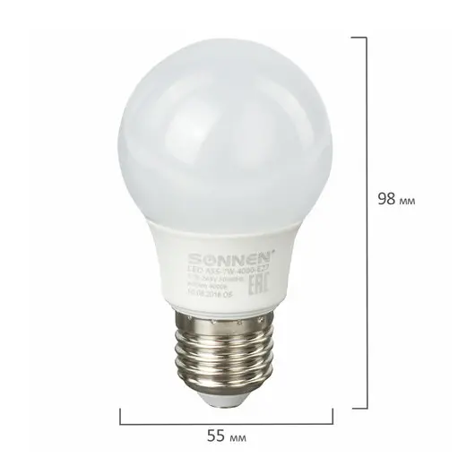 Лампа светодиодная SONNEN, 7 (60) Вт, цоколь Е27, грушевидная, холодный белый свет, LED A55-7W-4000-E27, 453694, фото 4