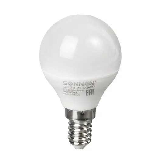 Лампа светодиодная SONNEN, 5 (40) Вт, цоколь E14, шар, холодный белый свет, LED G45-5W-4000-E14, 453702, фото 3