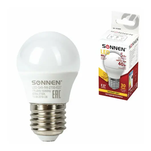 Лампа светодиодная SONNEN, 5 (40) Вт, цоколь E27, шар, теплый белый свет, LED G45-5W-2700-E27, 453699, фото 1