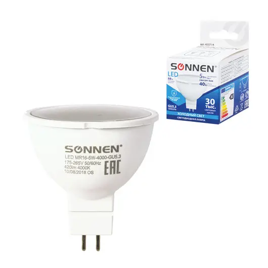 Лампа светодиодная SONNEN, 5 (40) Вт, цоколь GU5.3, холодный белый свет, LED MR16-5W-4000-GU5.3, 453714, фото 1