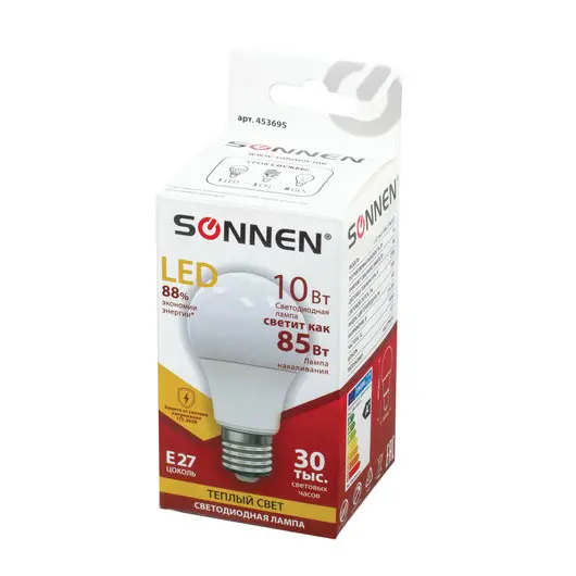 Лампа светодиодная SONNEN, 10 (85) Вт, цоколь Е27, грушевидная, теплый белый свет, LED A60-10W-2700-E27, 453695, фото 2