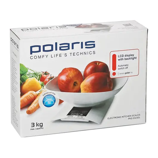 Весы кухонные POLARIS PKS 0323DL, электронный дисплей, чаша, max вес 3 кг, тарокомпенсация, пластик, фото 7