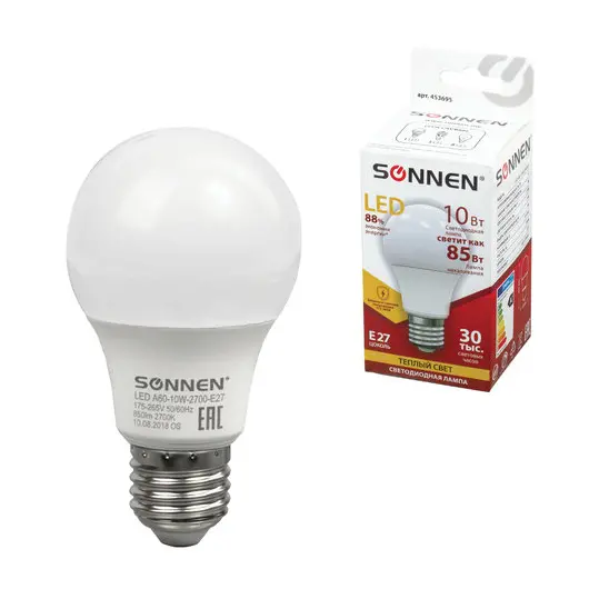 Лампа светодиодная SONNEN, 10 (85) Вт, цоколь Е27, грушевидная, теплый белый свет, LED A60-10W-2700-E27, 453695, фото 1