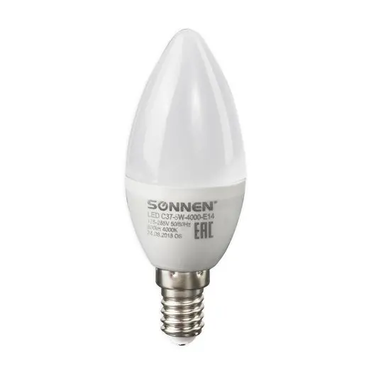 Лампа светодиодная SONNEN, 5 (40) Вт, цоколь Е14, свеча, холодный белый свет, LED C37-5W-4000-E14, 453710, фото 3