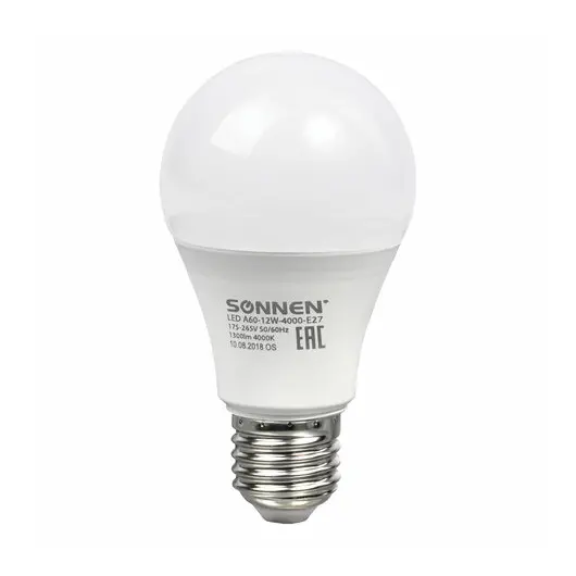 Лампа светодиодная SONNEN, 12 (100) Вт, цоколь Е27, грушевидная, холодный белый свет, LED A60-12W-4000-E27, 453698, фото 2