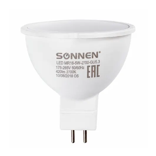 Лампа светодиодная SONNEN, 5 (40) Вт, цоколь GU5.3, теплый белый свет, LED MR16-5W-2700-GU5.3, 453713, фото 2