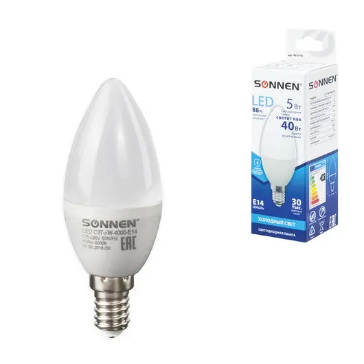 Лампа светодиодная SONNEN, 5 (40) Вт, цоколь Е14, свеча, холодный белый свет, LED C37-5W-4000-E14, 453710, фото 1