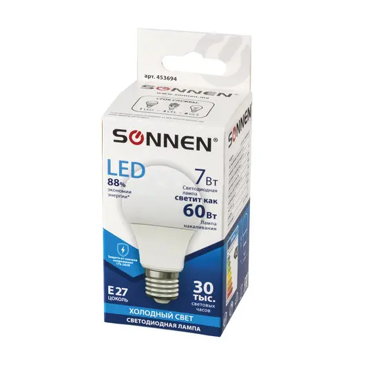 Лампа светодиодная SONNEN, 7 (60) Вт, цоколь Е27, грушевидная, холодный белый свет, LED A55-7W-4000-E27, 453694, фото 3
