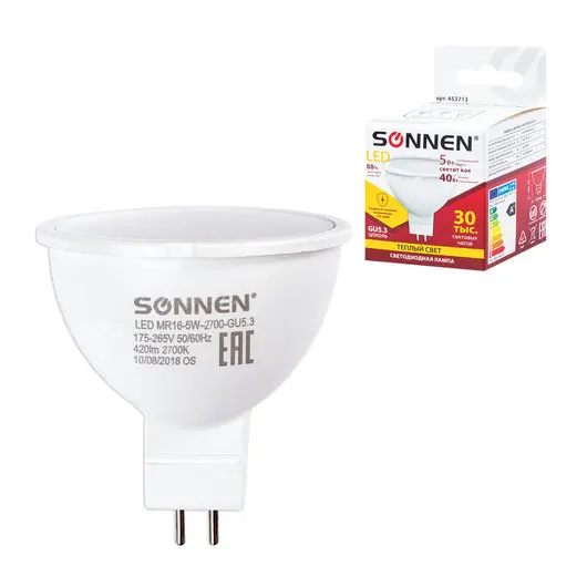 Лампа светодиодная SONNEN, 5 (40) Вт, цоколь GU5.3, теплый белый свет, LED MR16-5W-2700-GU5.3, 453713, фото 1