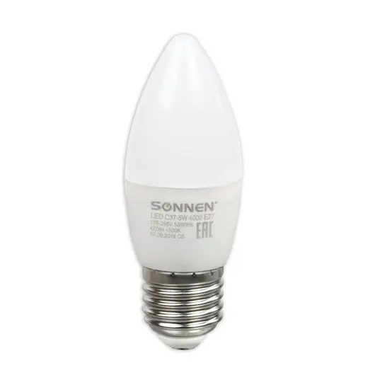 Лампа светодиодная SONNEN, 5 (40) Вт, цоколь E27, свеча, холодный белый свет, LED C37-5W-4000-E27, 453708, фото 3