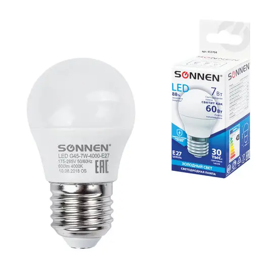 Лампа светодиодная SONNEN, 7 (60) Вт, цоколь E27, шар, холодный белый свет, LED G45-7W-4000-E27, 453704, фото 1