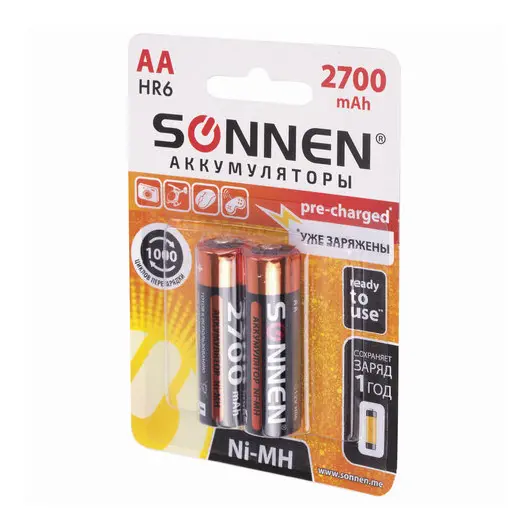 Батарейки аккумуляторные SONNEN, АА (HR06), Ni-Mh, 2700mAh, 2 шт, в блистере, 454235, фото 3