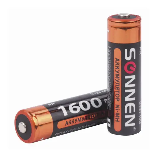 Батарейки аккумуляторные SONNEN, АА (HR06), Ni-Mh, 1600mAh, 2 шт, в блистере, 454233, фото 2