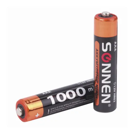 Батарейки аккумуляторные SONNEN, ААA (HR03), Ni-Mh, 1000mAh, 2 шт, в блистере, 454237, фото 2