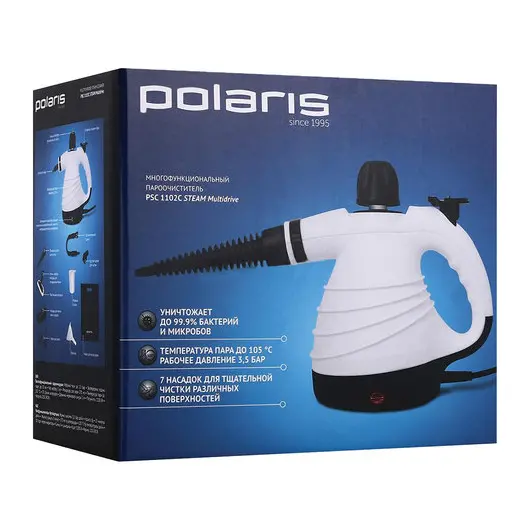 Пароочиститель POLARIS PSC 1102C STEAM, 1100 Вт, 3,5 бар, объем 0,27 л, 10 аксессуаров, черный/белый, фото 8