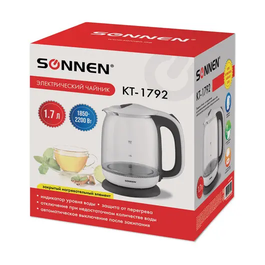 Чайник SONNEN KT-1792, 1,7 л, 2200 Вт, закрытый нагревательный элемент, стекло, белый, подсветка, 454348, фото 10