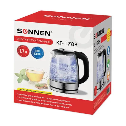 Чайник SONNEN KT-1788, 1,7 л, 2200 Вт, закрытый нагревательный элемент, стекло, черный, подсветка, 454349, фото 10