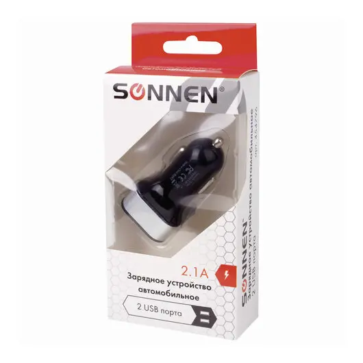 Зарядное устройство автомобильное SONNEN, 2 порта USB, выходной ток 2,1А, черное-белое, 454796, фото 3