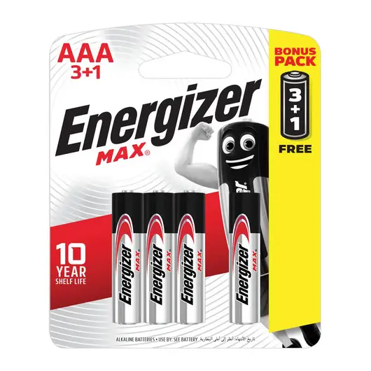Батарейки ENERGIZER Max, ПРОМО 3+1, AAA(LR03, 24А), алкалиновые, КОМПЛЕКТ 4 шт., в блистере, E300248501S, фото 1