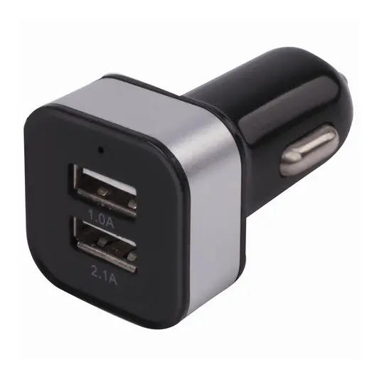 Зарядное устройство автомобильное SONNEN, 2 порта USB, выходной ток 2,1А, черное-белое, 454796, фото 1