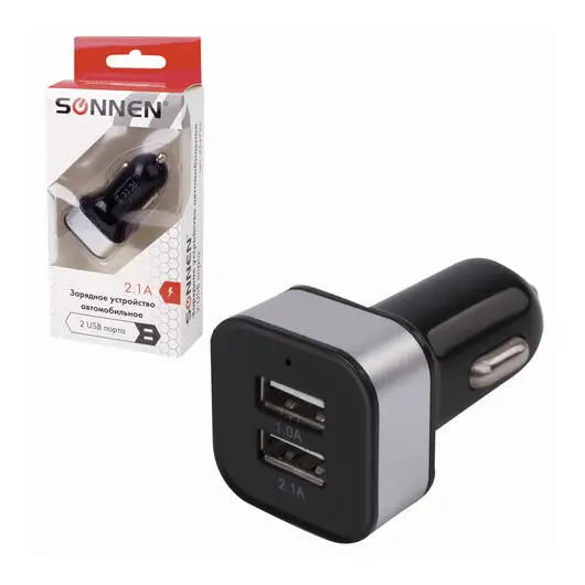 Зарядное устройство автомобильное SONNEN, 2 порта USB, выходной ток 2,1А, черное-белое, 454796, фото 2