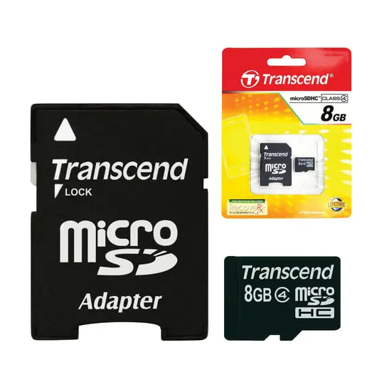 Карта памяти micro SDHC, 8 GB, TRANSCEND, 4 Мб/сек. (class 4), с адаптером, TS8GUSDHC4, фото 1
