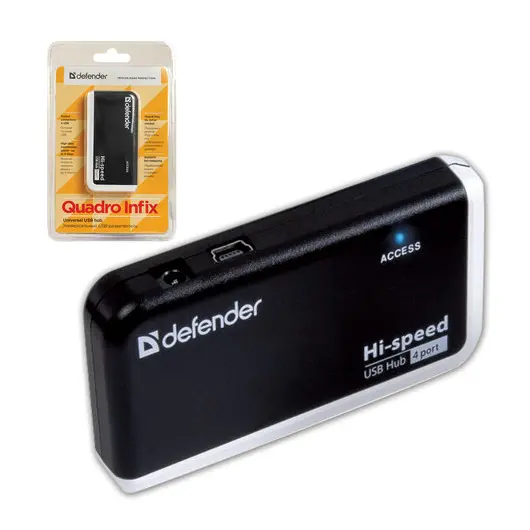 Хаб DEFENDER QUADRO INFIX, USB 2.0, 4 порта, порт для питания, 83504, фото 1