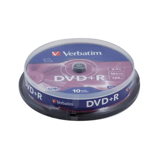 Диски DVD+R (плюс) VERBATIM 4,7 Gb 16x, КОМПЛЕКТ 10 шт., Cake Box, 43498, фото 1