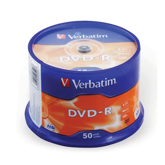 Диски DVD-R(минус) VERBATIM 4,7 Gb 16x, КОМПЛЕКТ 50 шт., Cake Box, 43548, фото 1
