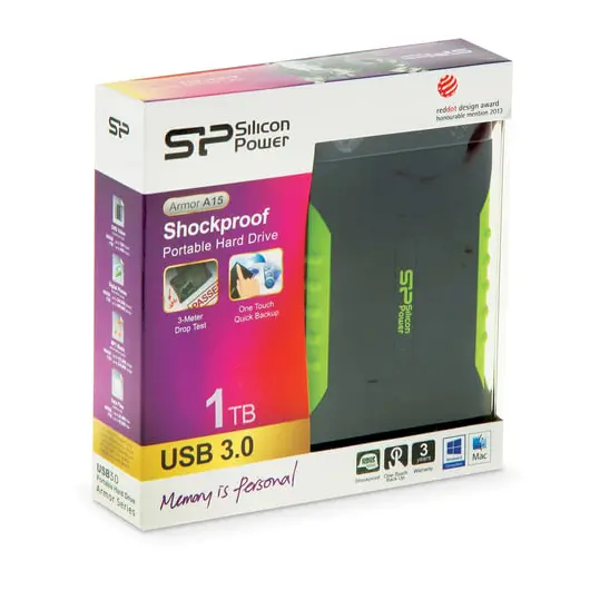 Диск жесткий внешний HDD SILICON POWER Armor A15, 1 TB, USB 3.0, ударостойкий, черный/зеленый, SP10TBPHDA15S3K, фото 2