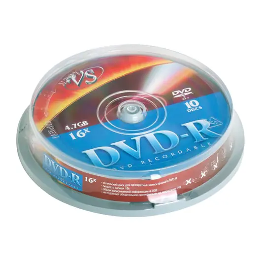 Диски DVD-R VS 4,7 Gb, КОМПЛЕКТ 10 шт., Cake Box, VSDVDRCB1001, фото 1