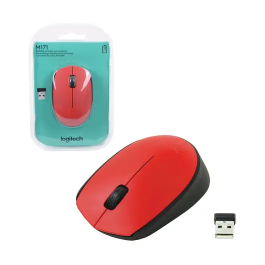 Мышь беспроводная LOGITECH M171, 2 кнопки + 1 колесо-кнопка, оптическая, красная, 910-004641, фото 1