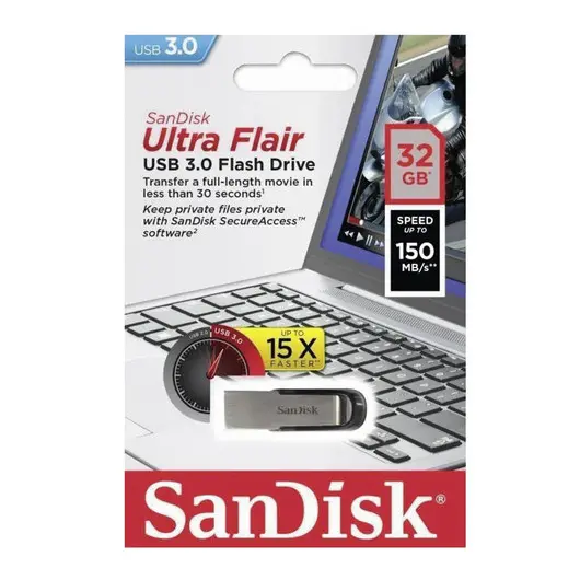 Флэш-диск 32 GB, SANDISK Ultra Flair, USB 3.0, металлический корпус, серебристый/черный, SDCZ73-032G-G46, фото 2