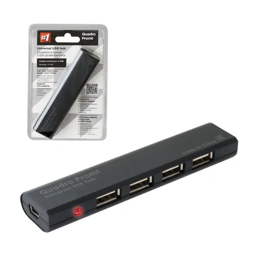 Хаб DEFENDER Quadro Promt, USB 2.0, 4 порта, порт для питания, черный, 83200, фото 1