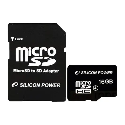 Карта памяти micro SDHC, 16 GB, SILICON POWER, 4 Мб/сек. (class 4), с адаптером, 16GBSTH004V10SP, фото 1