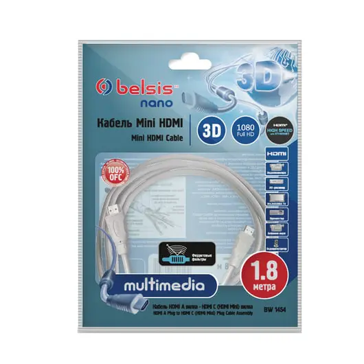 Кабель HDMI-mini HDMI, 1,8 м, BELSIS, M-M, 2 фильтра, для передачи цифрового аудио-видео, BW1454, фото 2