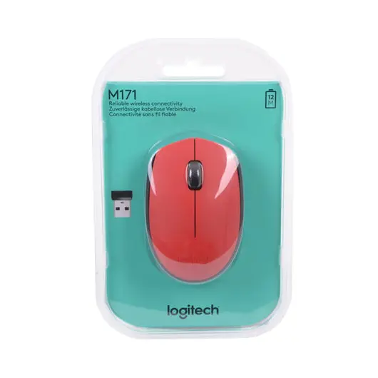 Мышь беспроводная LOGITECH M171, 2 кнопки + 1 колесо-кнопка, оптическая, красная, 910-004641, фото 3
