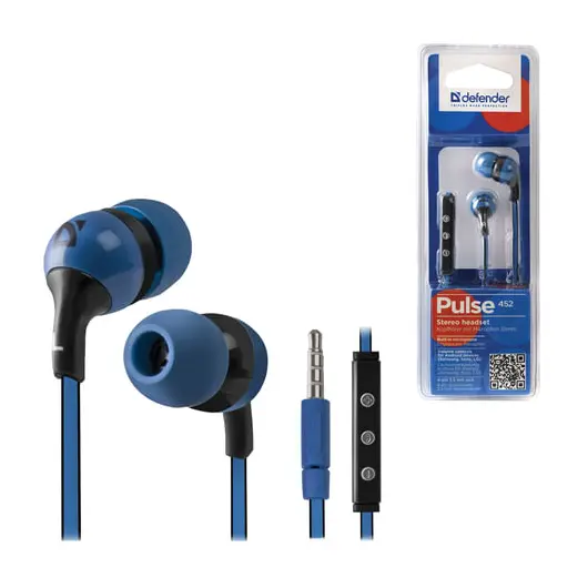 Наушники с микрофоном (гарнитура) DEFENDER Pulse 452, проводная, 1,2 м, вкладыши, для Android, синяя, 63452, фото 1