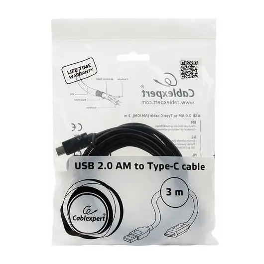 Кабель Type-C-USB 2.0, 3 м, CABLEXPERT, для подключения портативных устройств и периферии, CCP-USB2-AMCM-10, CCP-USB2AMCM-10, фото 2