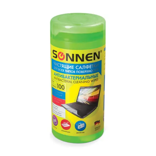 Чистящие салфетки SONNEN, антибактериальные, в тубе 100 шт., влажные, для любых поверхностей, 511487, фото 1